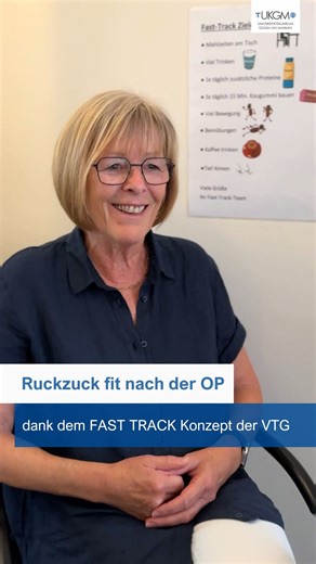 Uniklinikum Gießen und Marburg on Instagram: "In der Marburger VTG-Chirurgie setzen wir nun schon seit Längerem auf das Behandlungskonzept FAST TRACK. Das Ziel: Das körperliche Gleichgewicht unserer Patient:innen so wenig wie möglich zu stören – und so eine schnellere Genesung zu ermöglichen. 🏥✨ Wie gut das funktionieren kann, zeigt unsere Patientin Frau Kaiser nach ihrer Darm-OP: 👉 Sie hat sich konsequent an die Fast-Track-Empfehlungen gehalten und berichtet im Interview begeistert von ihrer