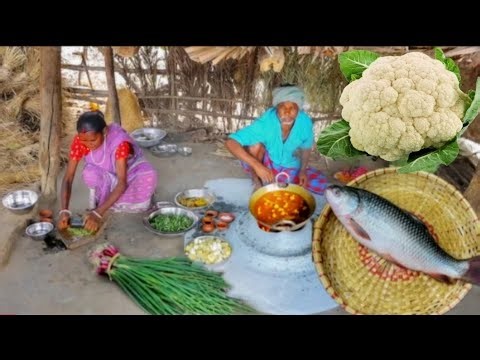Rohu Fish Curry And Cauliflower And Onion Leaves Fry || cooking and eating by santali old couple