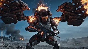 Futuristic soldier with fiery mechanical wings and a rifle stands ready for battle in a desolate, war-torn landscape