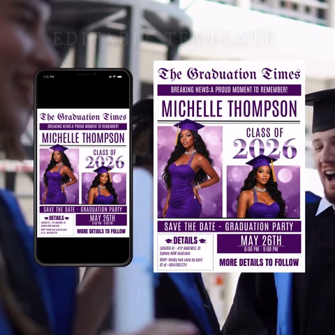 Purple Graduation Save the Date Invitation, Newspaper Grad Party With Photo Invite, Class 2026 Boy Girl, Digital Printable Canva Template - Etsy