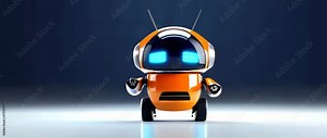 A friendly orange robot with glowing blue eyes waves its arms. This cute, futuristic bot stands on a reflective surface.