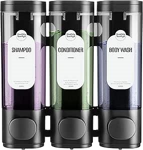 Shampoo and Conditioner Dispenser 3 Chamber No Drill – 300ml Each Container, Wall-Mounted Shower Soap Body Wash Dispenser for Bathroom, Toilet, Hotel & Kitchen (Black)