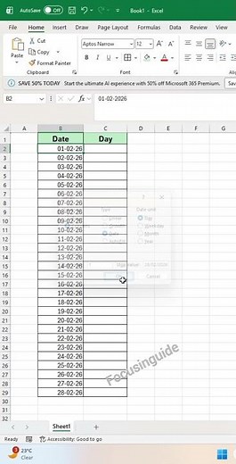 How to Automatically Fill Dates and Weekdays in Excel | Auto Date Fill Trick #focusinguide #shorts