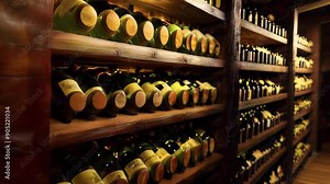 A seamless looping animation of wine bottles on wooden shelves in a dark wine cellar. Concept of traditional wine making. Large storage of wines in vineyards or restaurants.