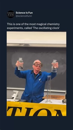 Science Is Fun By Tomas Rosko on Instagram: "The Briggs-Rauscher reaction is a classic oscillating clock reaction that cycles between colorless, amber, and deep blue, usually lasting several minutes. It involves mixing potassium iodate, malonic acid, manganese sulfate, and hydrogen peroxide with starch. The color changes result from alternating radical and non-radical reactions driven by fluctuating iodine concentrations. Reaction Mechanism: The reaction oscillates because of a competition betwe
