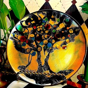 Copper Enamel Tree Design Art Plate | Vibrant Hand-Fired Colors • One-of-a-Kind
