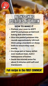 Ruth’s Chris Potatoes Au Gratin 🥘🥔🧀 Ingredients 1.5 to 1.75 lbs (approx. 5 medium) russet potatoes, peeled 2 Tbsp unsalted butter (plus extra for the dish) 1/2 medium white or yellow onion, finely minced 1 to 2 garlic cloves, minced or pressed 1 1/4 cups heavy cream 1/2 to 3/4 cup chicken stock 1 1/2 tsp kosher salt 1/2 tsp freshly ground black pepper 2 cups sharp cheddar cheese, finely shredded 3/4 cup provolone or Fontina cheese, finely shredded 1/4 to 1/2 cup Parmesan cheese, freshly grate