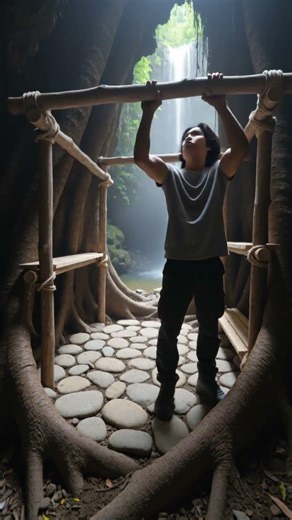 Building Secret Tree Root Cave Behind Waterfall 🌊🌳 [ASMR Timelapse]