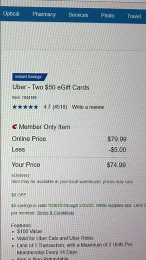 🚗 Uber Gift Card Deal – $100 Value for Just $74.99! Limited-Time Costco Savings! 🤑