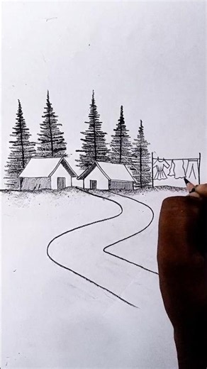 Simple Scenery Drawing | Easy Pencil Landscape Drawing Tutorial for Beginners | YouTube Shorts