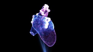 Video Illustration of Scanning an Artificial Heart. Neon Animation of the Future. 3D Visualization