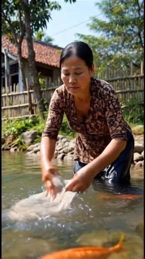 Peaceful Village Life: Woman Washing Clothes by the River