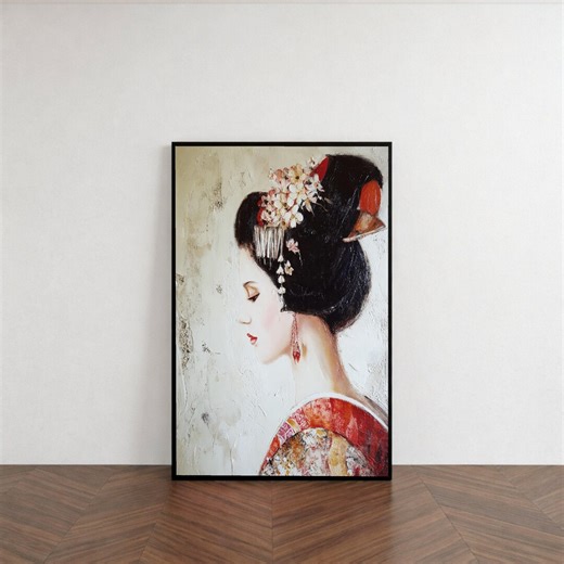 Elegant Geisha Portrait Canvas, Asian Woman Wall Art, Floral Hairpiece Painting, Traditional Japanese (digital / Print / Canvas / Framed) - Etsy