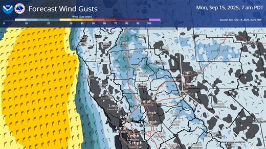 Northerly flow will develop tonight into Monday morning along and west of I-5, with northeast to east flow in the wind-prone gaps/canyons in the foothills and mountains | US National Weather Service Sacramento California