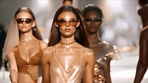 Models showcasing latest fashion trends on runway at glamorous fashion week. Concept Fashion Week, Runway Show, Latest Trends, Glamorous Event, Model Showcase