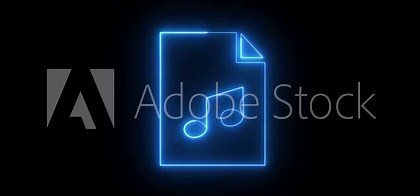 Neon music folder icon animation on a black background. Glowing blue neon folder icon with musical note.