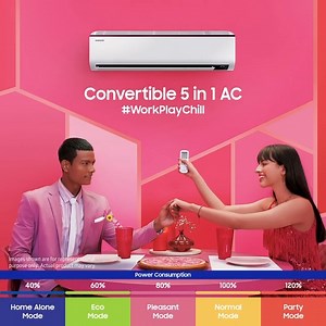 The new Samsung Convertible 5 in 1 AC, has 5 modes designed to cool the room just the way you want. So whether you’re all set for a date night, or for a Friday night party scene, the Convertible 5 in 1 AC can help you create the perfect environment at home. Switching effortlessly between Home Alone Mode, Eco Mode, Pleasant Mode, Normal Mode and Party Mode, it gives you not just the perfect cooling, but also real-time energy savings. #WorkPlayChill #Samsung | Samsung