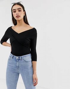 ASOS DESIGN off shoulder bodysuit with wrap front in black | ASOS