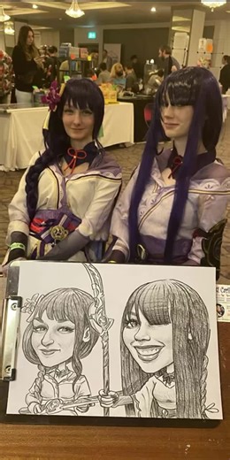 Charlie & Hannah joint winners of the cosplay competition today @megafancollectors comicon event in @maldronhoteltallaght where the duked it out for pole position with their spears, swords and purple hair as the Shogun Raiden character from @genshinimpact manga comics and fighting games. Fair play ladies on your excellent efforts and accolade. Glad I could honour your big moment with a Goti Caricature which I offered as my contribution to the @lauralynnhospice fundraiser that took place today. A