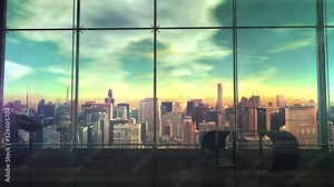 Large empty office space with a city outside the window, 3D render