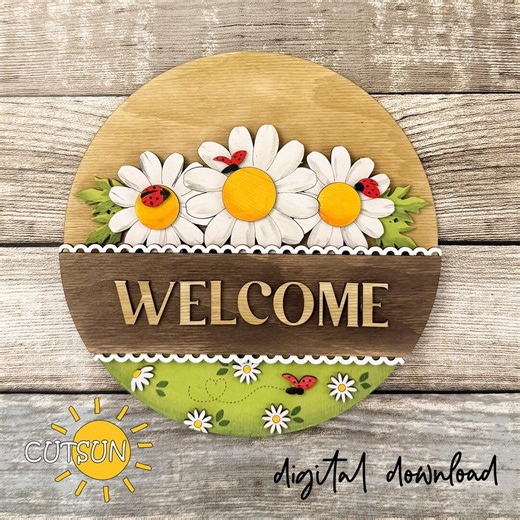 Interchangeable Round Welcome Sign SVG | Round Door Hanger Base With Daisy Add-on | Farmhouse Layered Laser Cut File | Digital Download - Etsy