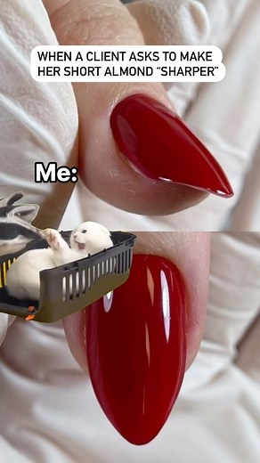 Who can relate? 😂 Short almond in fact is an oval 😅. Making it sharper breaks the nails architecture because the sharpness is achieved by filing off the lower parallels 🙅🏻‍♀️ The longer the nails are, the longer almond can be 😉 #nailhumor #naillife #nails #almondnails #nailsofinstagram | Nail Mart USA