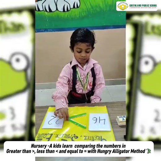 GREENLAND PUBLIC SCHOOL on Instagram: "Learning made fun. Our Nursery students practiced comparing numbers using the Hungry Alligator Method to understand greater than ( > ), less than ( < ) and equal to ( = ) in a playful way #GreenlandPublicSchool #ActivityBasedLearning #EarlyEducation #NurseryClass #PlayAndLearn #FunLearning #HungryAlligatorMethod #FoundationalSkills #SmartLearning #SchoolLife #ChildDevelopment #LearningIsFun"