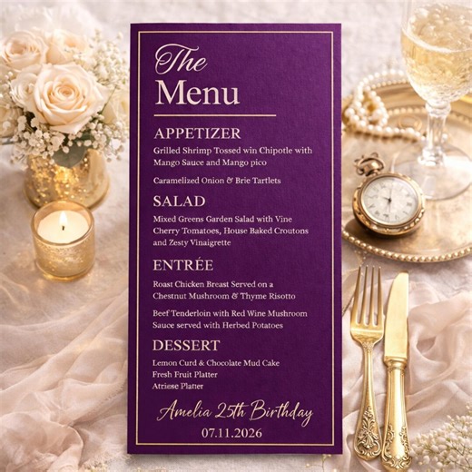 Elegant Birthday Menu Template, Editable Dinner Menu Card, Purple Menu Sign, Wedding Reception Menu, Birthday Party Menu, Instant Download - Etsy