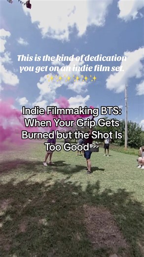This is the kind of dedication you get on an indie film set. While filming our short film Just My Luck, one of our grips took a hit from a pink smoke bomb… and still held it so we could get the shot. Indie filmmaking is truly built different 😂 Would you keep holding it or drop it immediately? @Nathan Jones #IndieFilmmaking #BehindTheScenes #Filmmaking #FilmSet #ShortFilm
