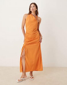 ASOS DESIGN asymmetric midi dress with ruched side channel in orange | ASOS