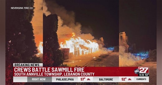 Three-Alarm Sawmill Blaze in Lebanon County, PA, Continues to Burn