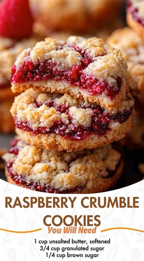 Raspberry Crumble Cookies 🧾 Ingredients Cookie Base 1 cup unsalted butter, softened 3/4 cup granulated sugar 1/4 cup brown sugar 2 cups all-purpose flour 1/2 tsp baking powder 1/4 tsp salt 1 tsp vanilla extract Filling 3/4–1 cup raspberry jam or preserves Crumble Topping 1/2 cup all-purpose flour 1/4 cup brown sugar 1/4 cup granulated sugar 1/4 cup cold butter, cubed 👩‍🍳 Instructions 1️⃣ Make dough Cream butter both sugars until fluffy Mix in vanilla Add flour, baking powder, salt Mix to soft