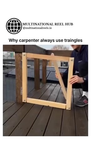 🌍 MULTINATIONAL REELS HUB on Instagram: "The post features a 16-second video demonstrating a fundamental principle of structural engineering using a simple wooden frame. The carpenter begins with a rectangular frame that wobbles and collapses under pressure, clearly showing how easily its angles shift. When a single diagonal brace is added, the frame forms a triangle and becomes instantly rigid. The video illustrates why triangles are the most stable geometric form: they are the only polygon wh