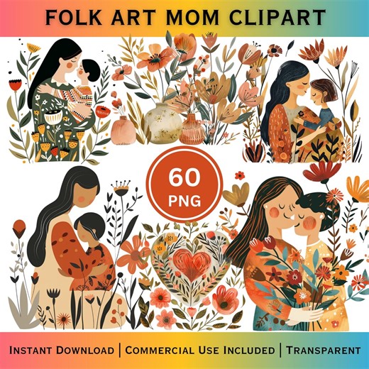 Folk Art Mom Clipart PNG | Boho Mother Child Bundle - Etsy
