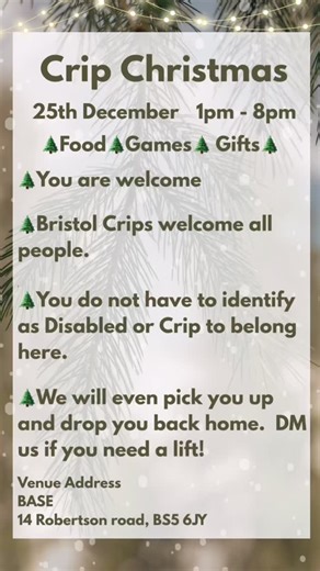 Bristol Crips on Instagram: "Tomorrow’s Crip Christmas Lunch & Social @base_bristol - 14 Robertson Road Easton BS5 6JY You will not be expected to perform joy, you are absolutely welcome if you’re a Humbug not a HoHoHo sort of Christmas person. Christmas can really suck for a lot of us and that’s okay. We have Christmas dinner sorted, you can also bring a dish if you want to. There is wheelchair access and an accessible toilet for those able to transfer. Flu + Covid tests to keep everyone safe &