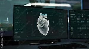 Bio blueprint printer is scanning the virtual projection of the human heart. Bio blueprint printer analyzes organ information. Bio blueprint printer creating a lifelike copy of the heart at the lab.