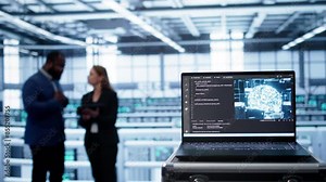 Focus on laptop in data center with artificial intelligence brain used by engineers in blurry background. Close up of device displaying AI deep learning software in server farm, camera B