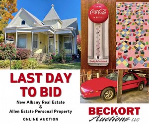 The New Albany Real Estate and the Allen Estate Personal Property online auctions end this evening! New Albany Real Estate offers a charming single-story home with 2 beds and 1 bath, located right in Downtown New Albany at 714 Vincennes Street. Online bidding ends tonight at 6:00 pm. The Allen Estate Personal Property includes a Pontiac Fiero (only one owner), vintage furniture, antiques, collectibles, costume jewelry, general household items, and more! Online bidding ends this evening at 7:00 p