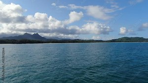 Waimanalo Bay Beach Park and Sherwood Forest on the Eastern shores of Oahu, Hawaii, USA. Low flying aerial pan capturing the beautiful landscapes of Hawaii.