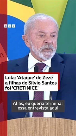 BBC News | Brasil on Instagram: ""Ele não teria coragem de fazer aquilo com um homem, mas fez com mulheres" 📣📺 Lula criticou o pronunciamento do cantor Zezé Di Camargo, que disse que o SBT estaria "se prostituindo" ao receber o presidente e o ministro do STF Alexandre de Moraes em um evento institucional de lançamento de um novo jornal da emissora. Lula chamou a declaração de "cretinice e um "ataque" às filhas de Silvio Santos, que hoje são responsáveis pela emissora. "Transmita às filhas do S