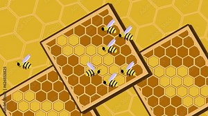 Honey bees flying around a honeycomb made of planks, 2d animation, 4k, animation background