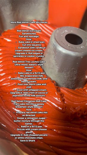 More Red Velvet Cake Mix Hacks🎂 Red Velvet Ice Cream Sandwiches Fun and nostalgic How: • Bake cake in sheet pan. • Cut into squares. • Sandwich with vanilla or cream cheese ice cream. Upgrade it: Roll edges in sprinkles or cookie crumbs. Red Velvet Tres Leches Cake Ultra-moist, bakery-style dessert How: • Bake cake in a 9x13 pan. • Mix evaporated milk, sweetened condensed milk, and heavy cream. • Pour over warm cake and chill. • Frost with whipped cream. Upgrade it: Add a hint of cocoa or espre
