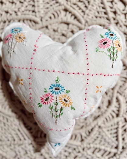 Vintage Embroidered Heart Pillow - Etsy
