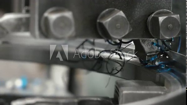 Rotating milling machine for processing metal products. The milling cutter cuts a shape in a metal workpiece. Factory milling machine. Sparks and metal shavings during milling.