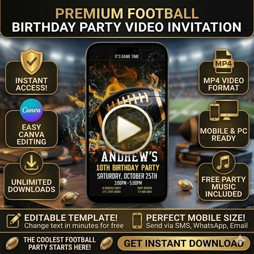 Football Birthday Video Invitation: Editable Sports Party Invite, Canva Template (digital Download) - Etsy