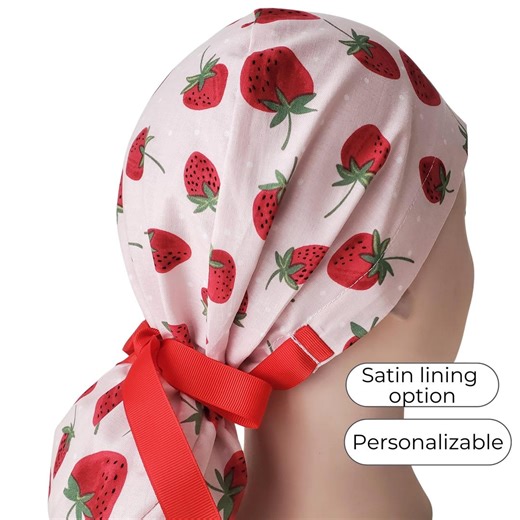 Ponytail Scrub Cap: Red Strawberry on Pink, Satin Lined, Buttons and Personalization Option - Etsy