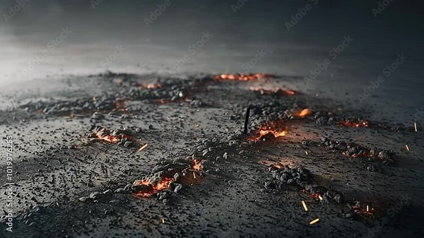 Ash spread across the ground in a natural pattern. The ash glows with small sparks and embers. The background is dark grey to black, with the ash and sparks standing out.
