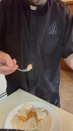 Meanwhile….pheasant slow braised in rosemary, salt, pepper, on top baked swath of sweet potatoe browned in cinnamon and brown sugar, with the SAUCE: beef broth, habanero mango, garlic and jalepeno with cottage cheese blended and heated. Someone walked in the middle of this video. | Samuel Medley