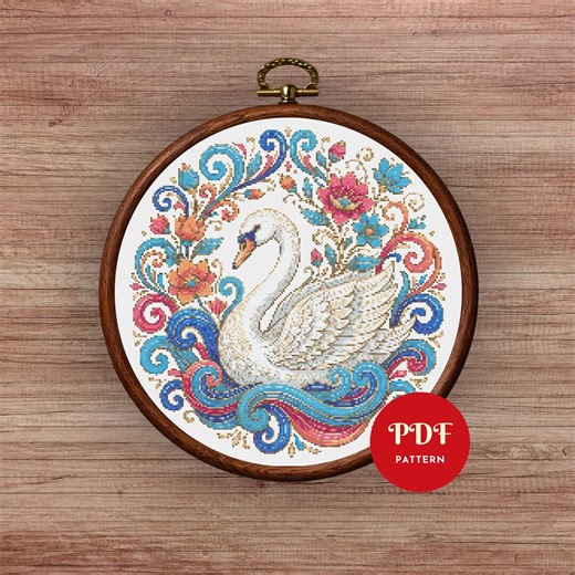 Swan Cross Stitch Pattern PDF, Colorful Floral Design (Pattern Keeper Compatible, Instant Download)
