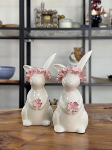Rabbit Sculpture / Set of 2 Rabbits With Flower Wreath / Ceramic Rabbit / Figure / Decoration / Home Decor / Table Decoration / Gift - Etsy